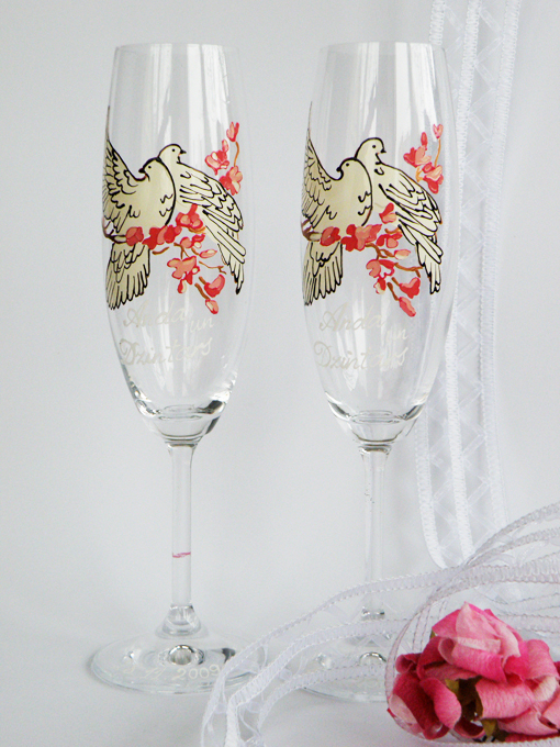 Wedding glasses Doves and blossoms
